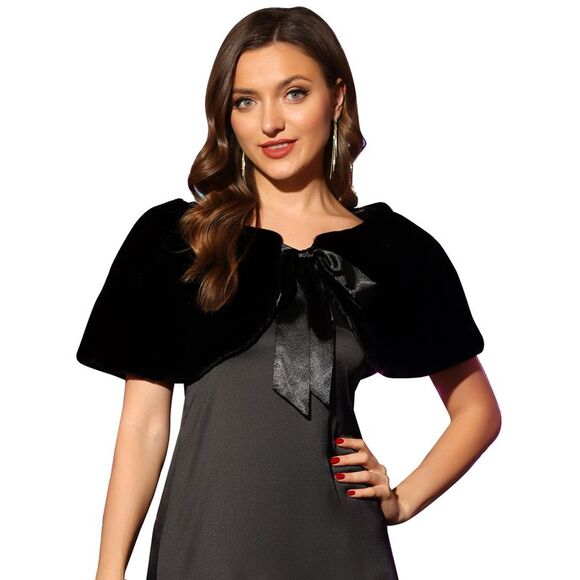 Faux Fur Shawl Wrap Stole Shrug Bow Tie Bridal Wedding Cover Up Black - Picture 1 of 6